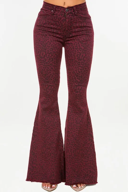 Leopard Bell Bottom Jean in Burgundy