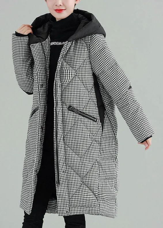 Luxury Plus Size Clothing Outwear Black Plaid Hooded Pockets Zippered Parkas