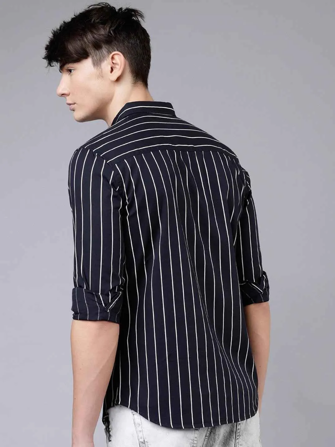 Men's Black & White Striped Slim Fit Shirt