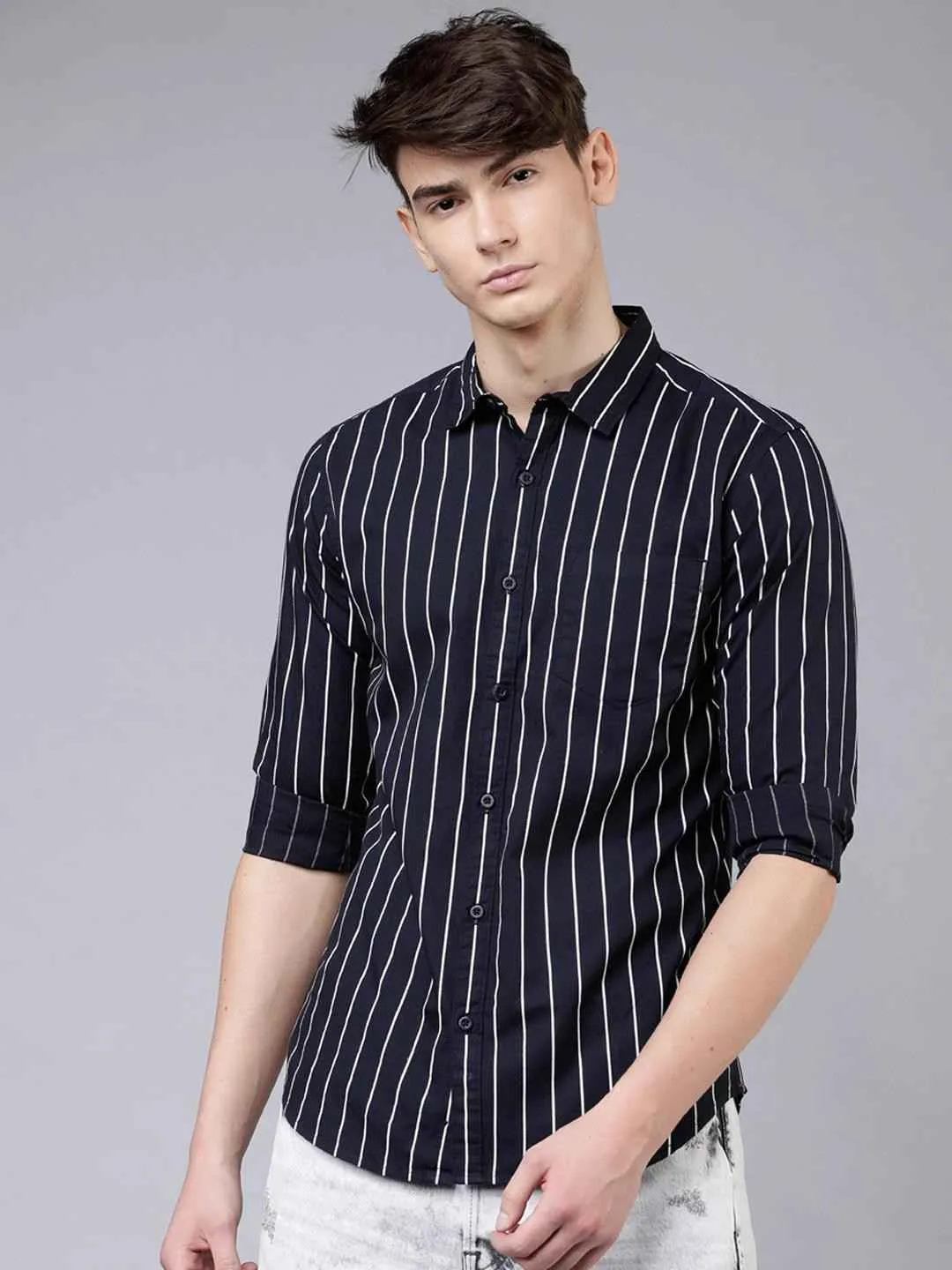 Men's Black & White Striped Slim Fit Shirt