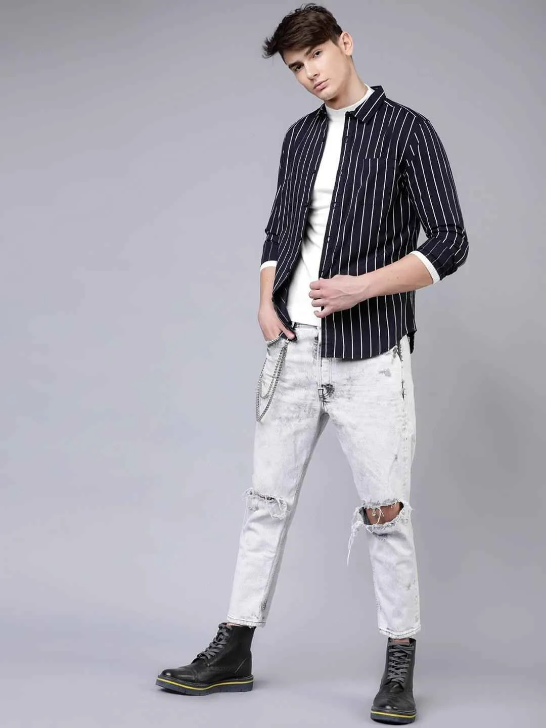 Men's Black & White Striped Slim Fit Shirt