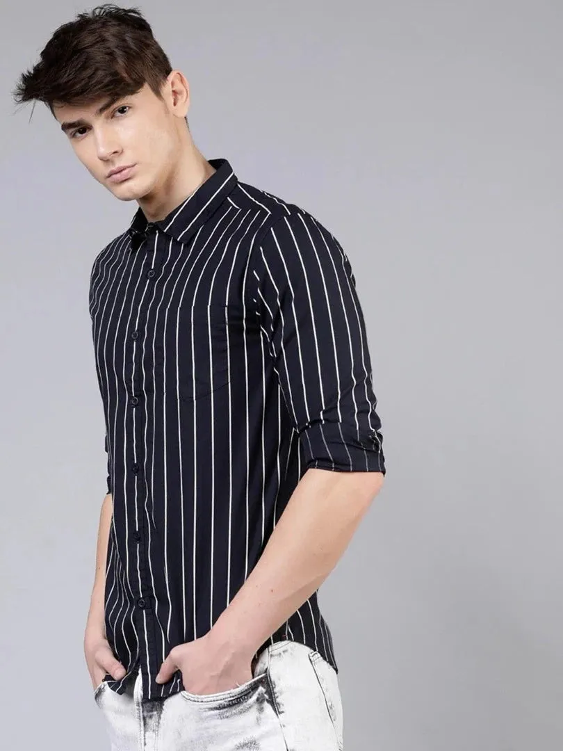 Men's Black & White Striped Slim Fit Shirt