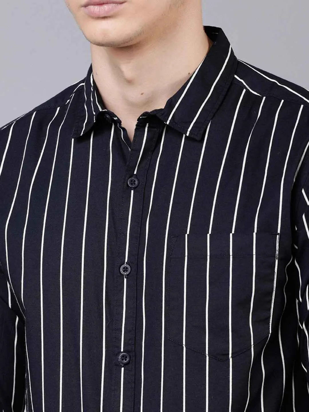 Men's Black & White Striped Slim Fit Shirt