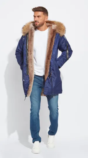 Mens Navy Water-Repellent Luxy Fur Parka - 3/4 Natural