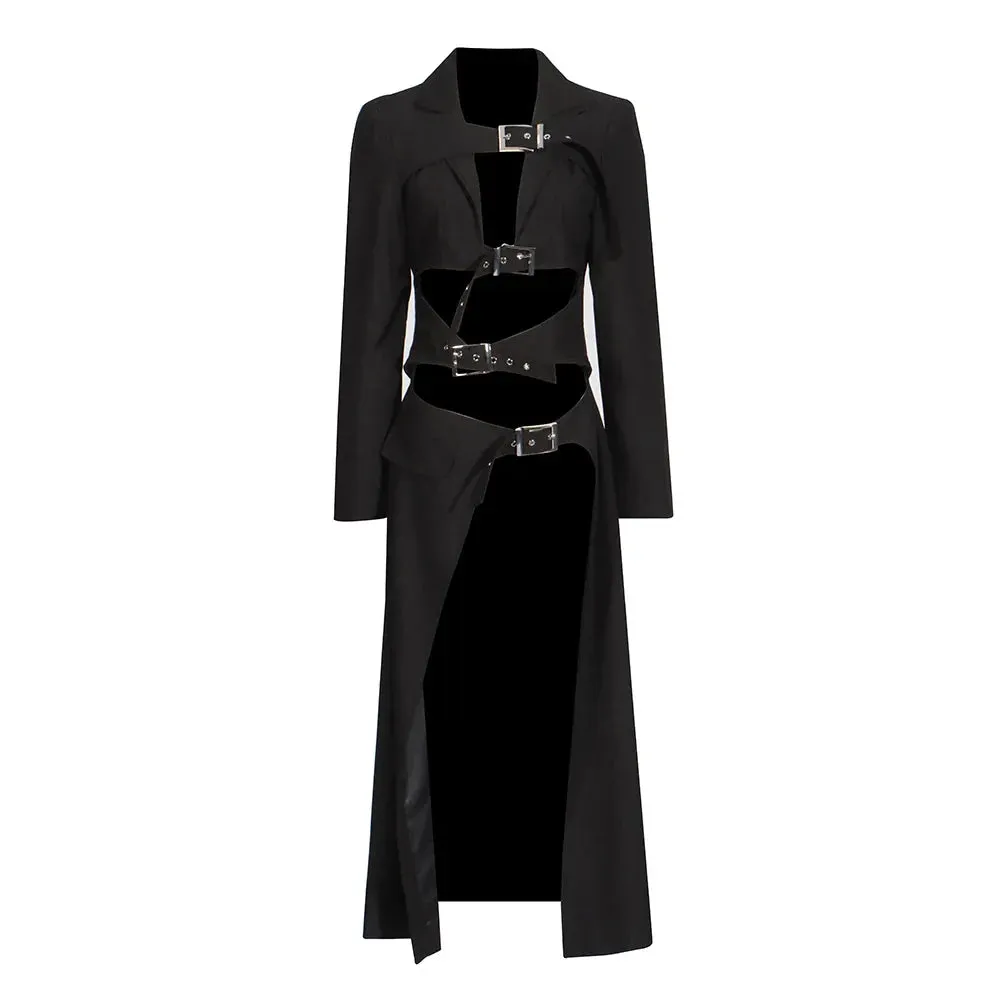 Metaversmall Streetwear Hollow Our Sexy Solid Coats For Women Lapel Long Sleeve High Waist Spliced Belt Slimming Chic Trench Female New