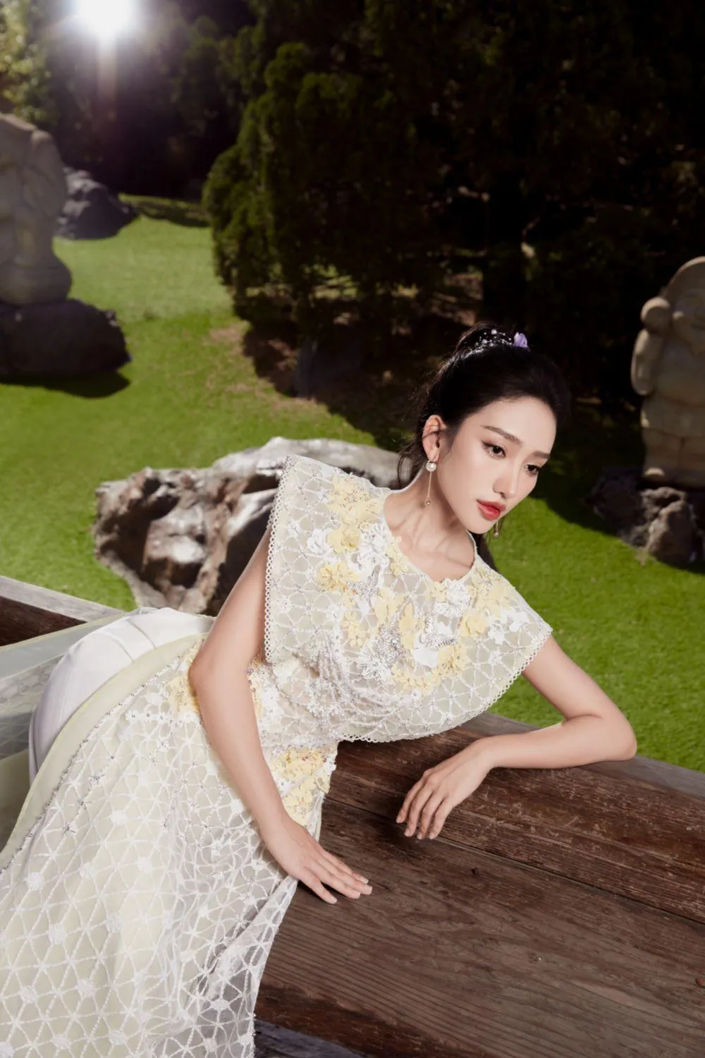 Minh Tue A-line Round Neck Mesh Lace Floor Length Ao Dai