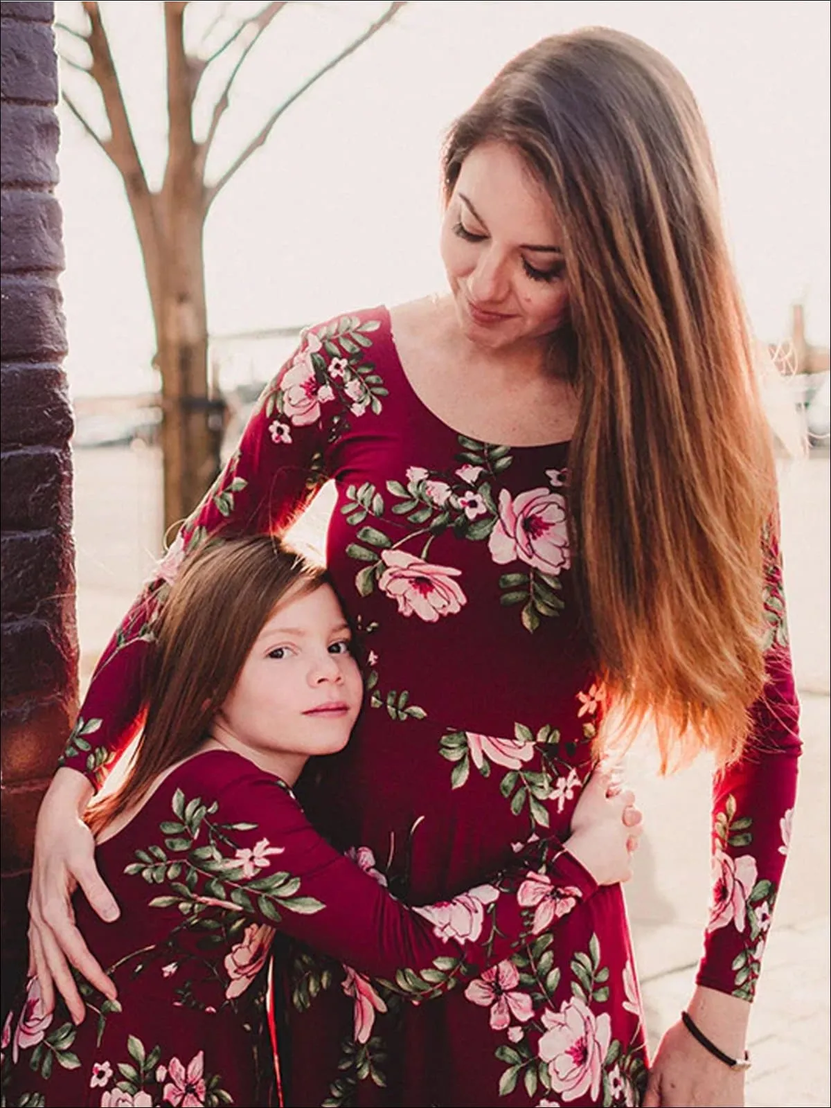 Mommy and Me Red Fall Floral Long Sleeve Maxi Dress