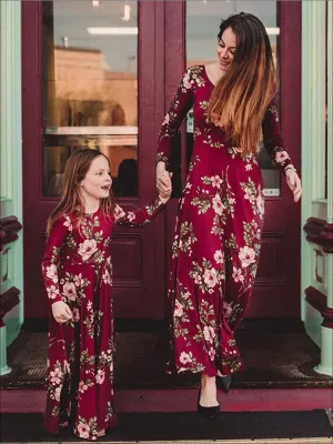 Mommy and Me Red Fall Floral Long Sleeve Maxi Dress