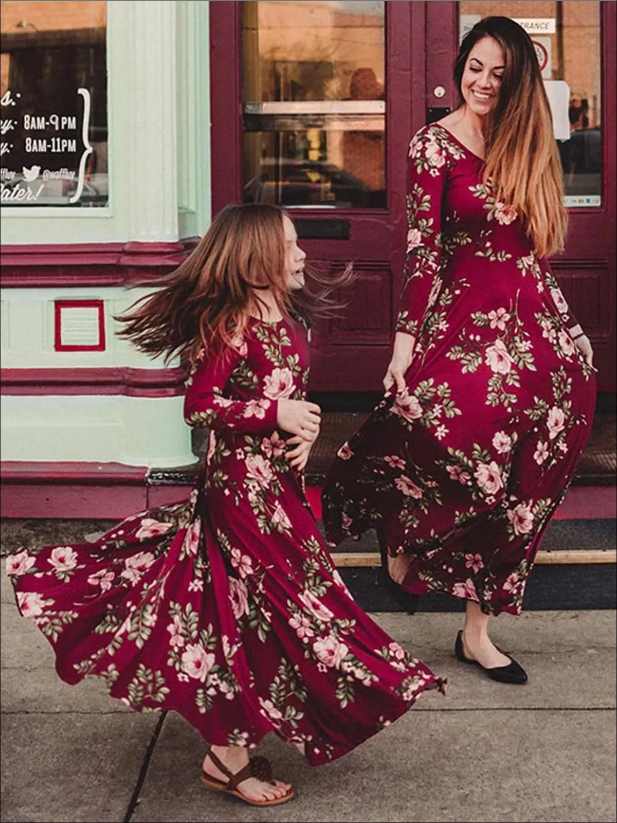 Mommy and Me Red Fall Floral Long Sleeve Maxi Dress