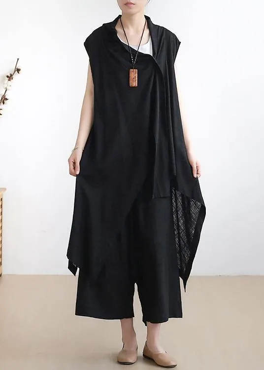 New casual ladies black vest with cotton wide-leg pants two-piece suit