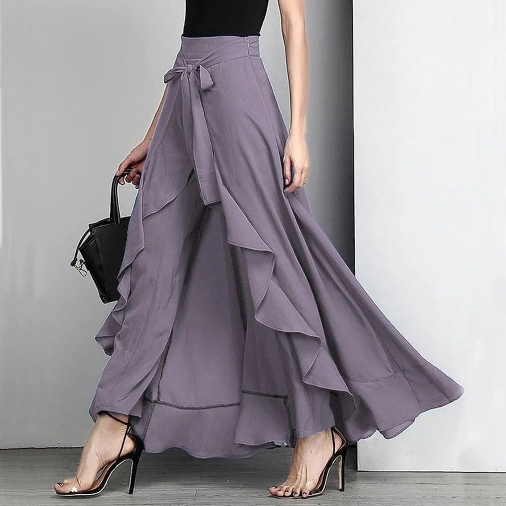 Palazzo Ruffle Chiffon Sash Tie High Waist Pants