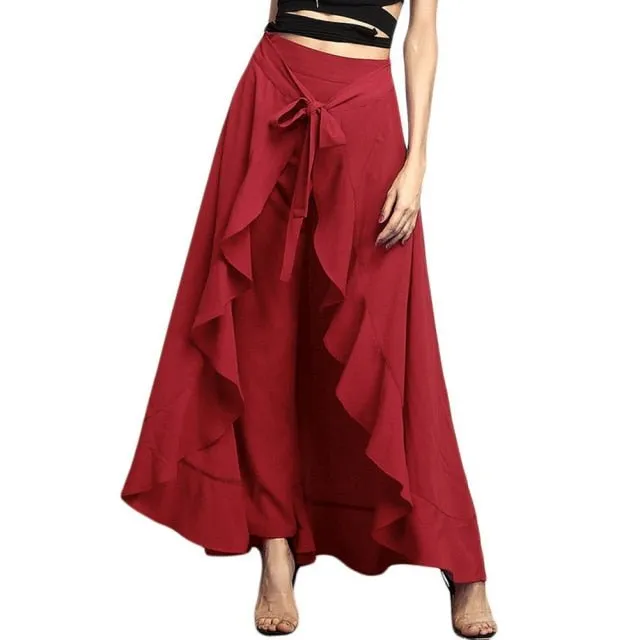 Palazzo Ruffle Chiffon Sash Tie High Waist Pants