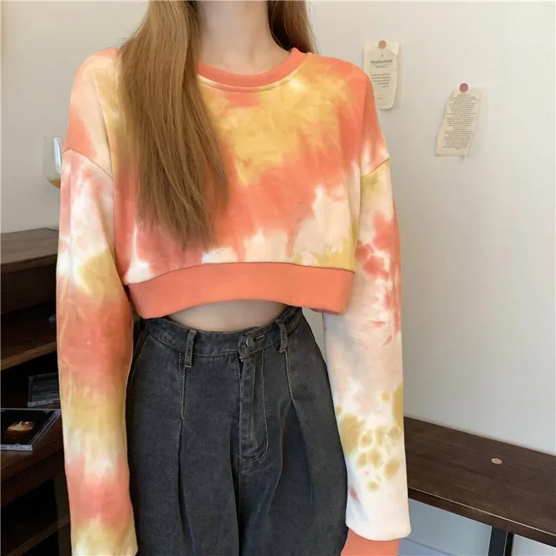 Pastel Orange Purple Tie Dye Loose Cropped Sweatshirt