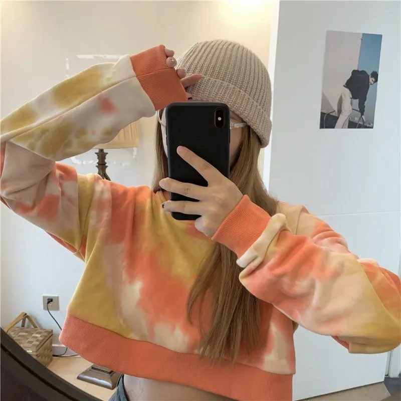 Pastel Orange Purple Tie Dye Loose Cropped Sweatshirt