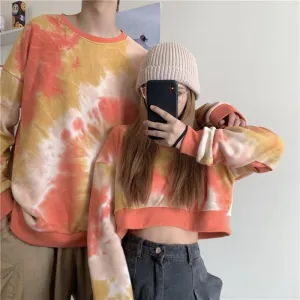 Pastel Orange Purple Tie Dye Loose Cropped Sweatshirt