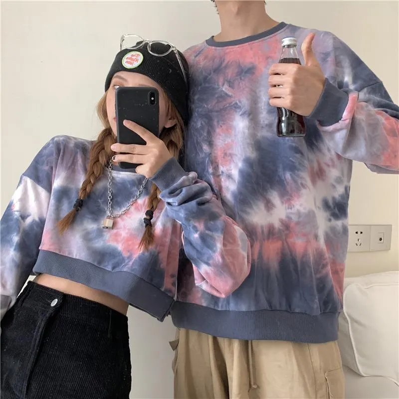 Pastel Orange Purple Tie Dye Loose Cropped Sweatshirt