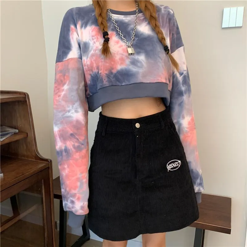 Pastel Orange Purple Tie Dye Loose Cropped Sweatshirt