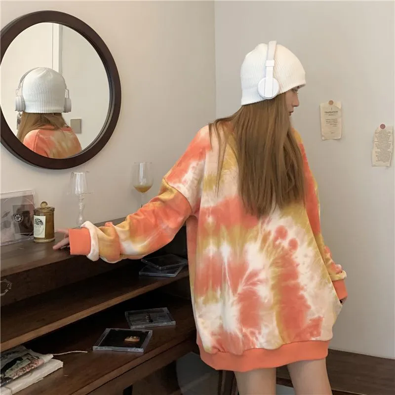 Pastel Orange Purple Tie Dye Loose Cropped Sweatshirt