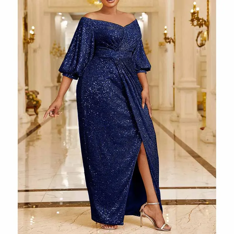 Plus Size Prom Dress In Navy Blue Sequin High Slit Maxi Dress