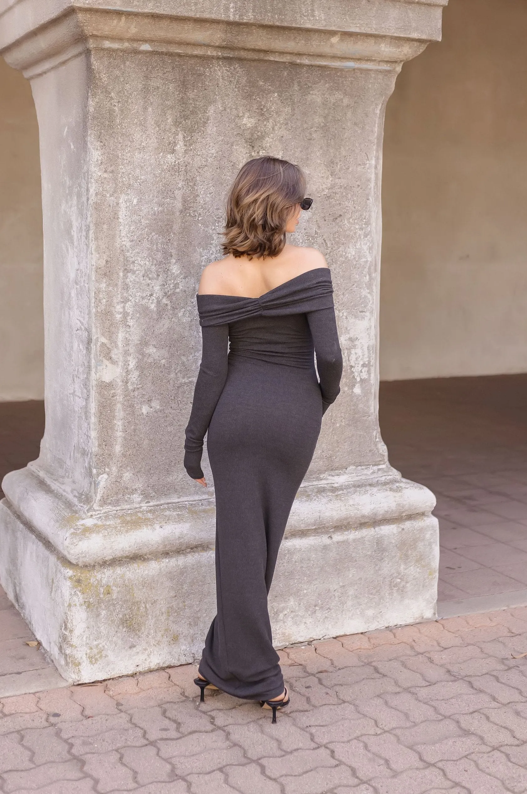 Roxanne Off The Shoulder Long Sleeve Ribbed Maxi Dress Charcoal