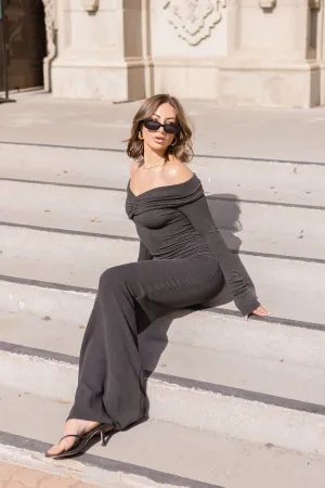 Roxanne Off The Shoulder Long Sleeve Ribbed Maxi Dress Charcoal