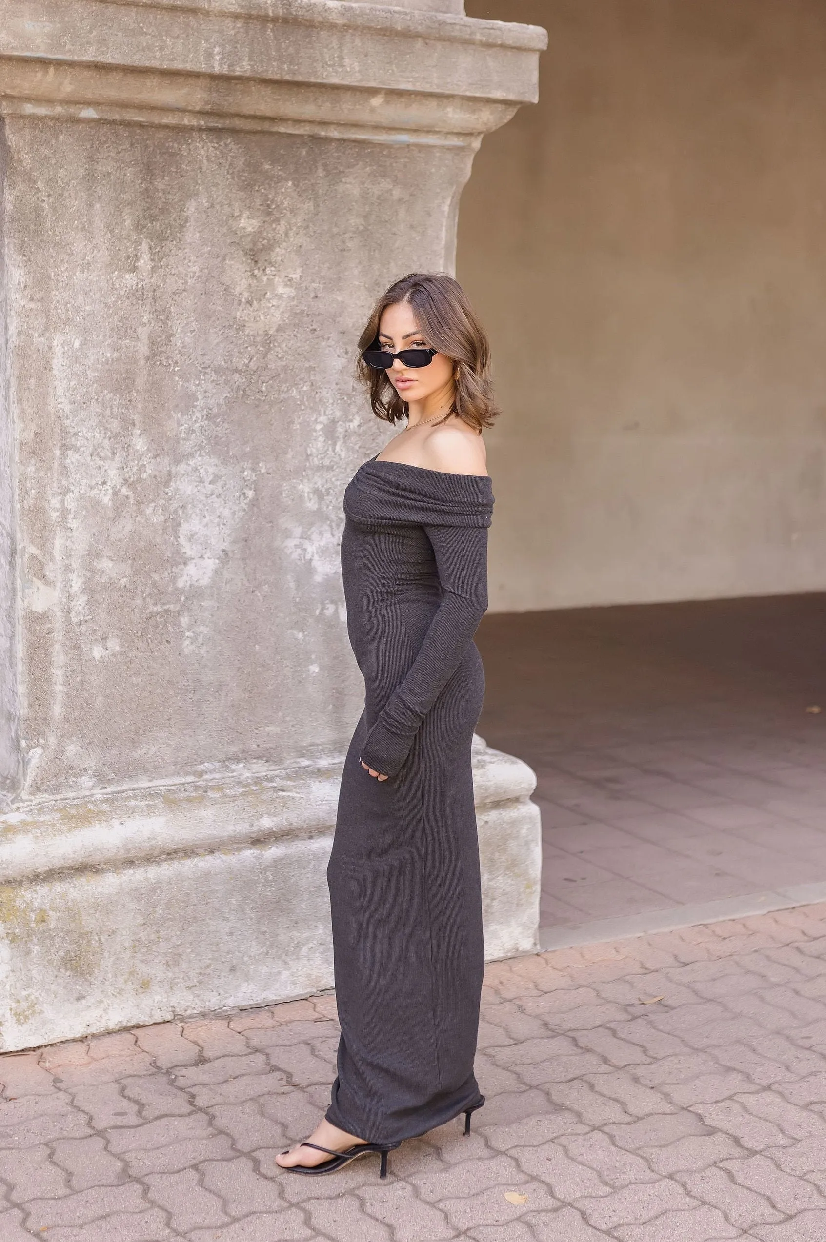 Roxanne Off The Shoulder Long Sleeve Ribbed Maxi Dress Charcoal