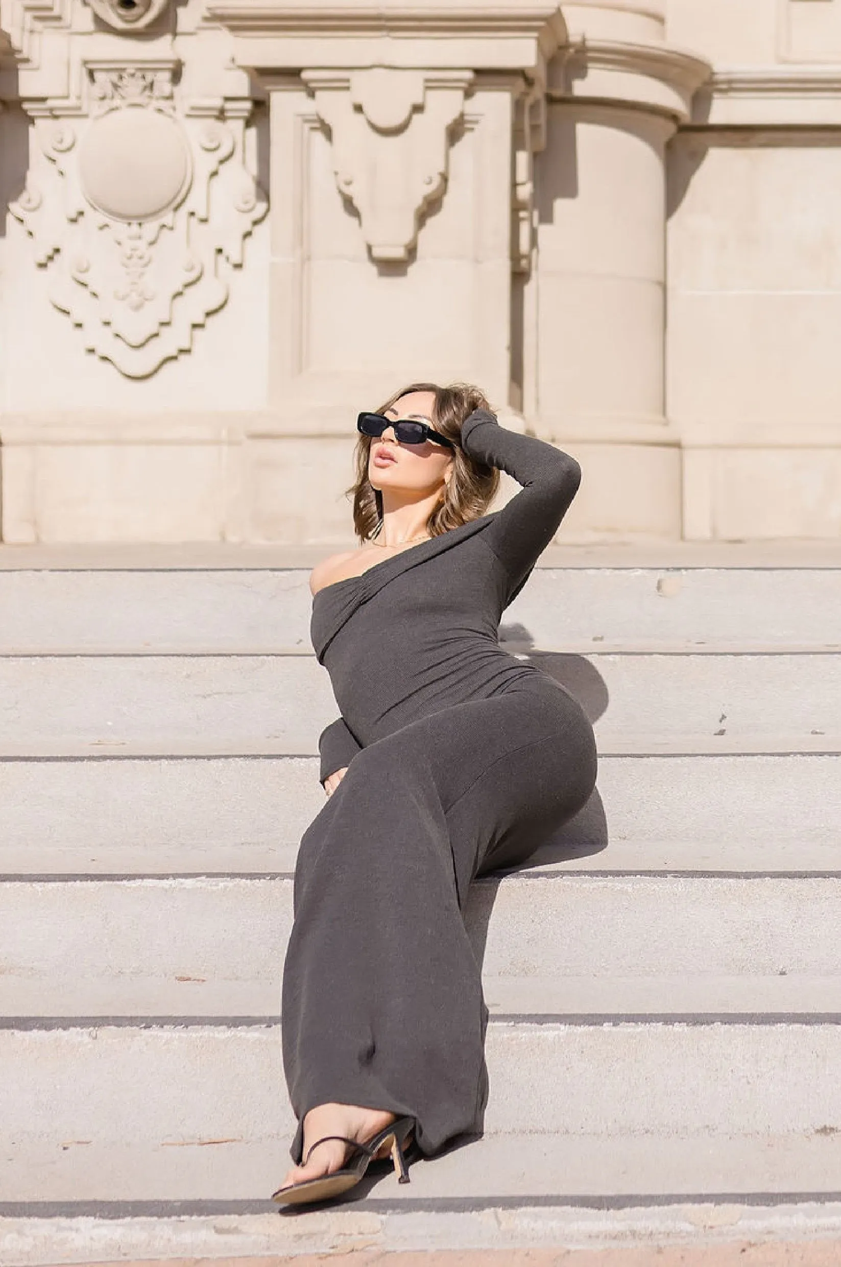 Roxanne Off The Shoulder Long Sleeve Ribbed Maxi Dress Charcoal