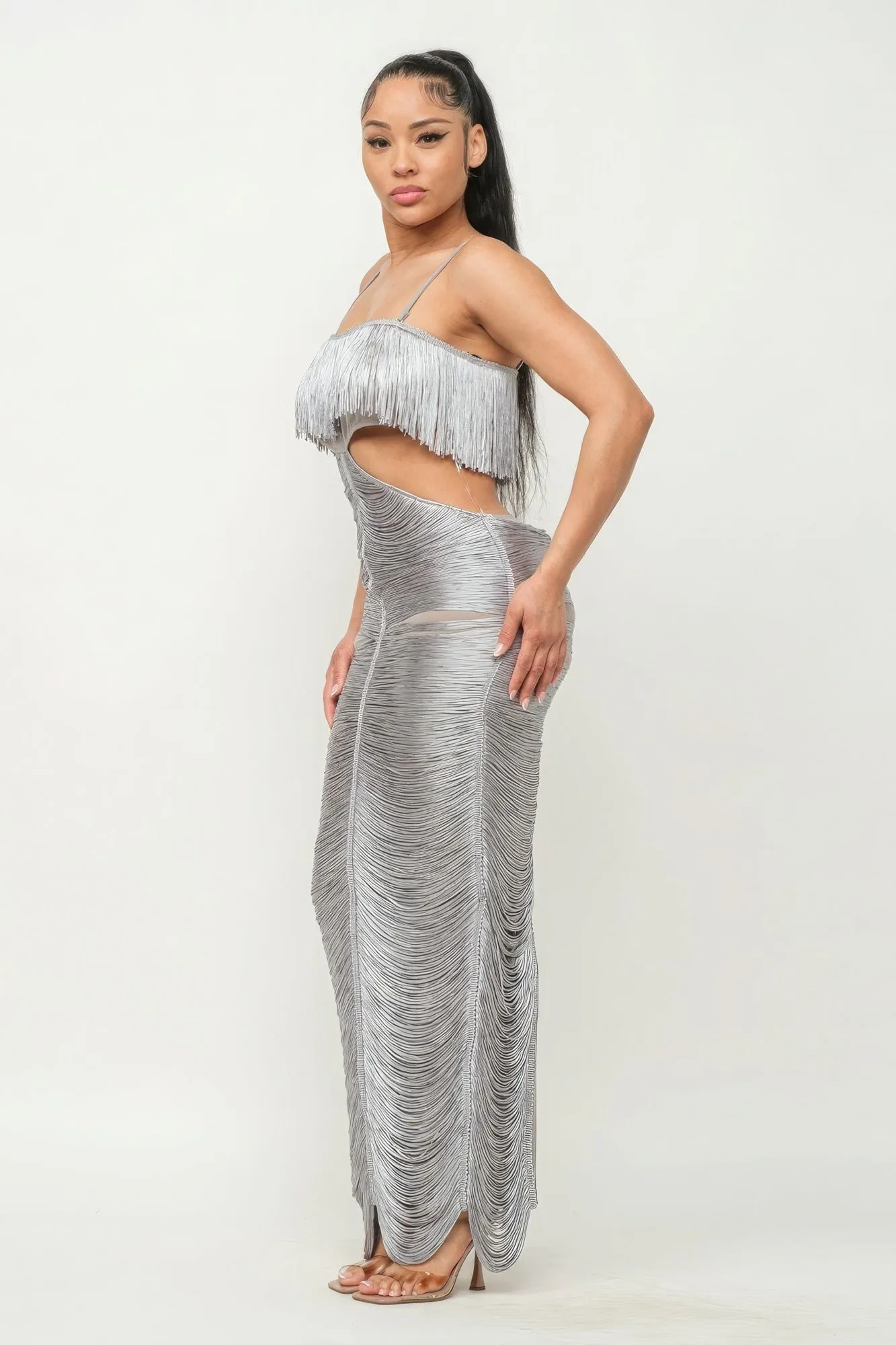 Sexy Waist Cutout Silver Metallic Fringe Maxi Dress Women's Fashion KESLEY