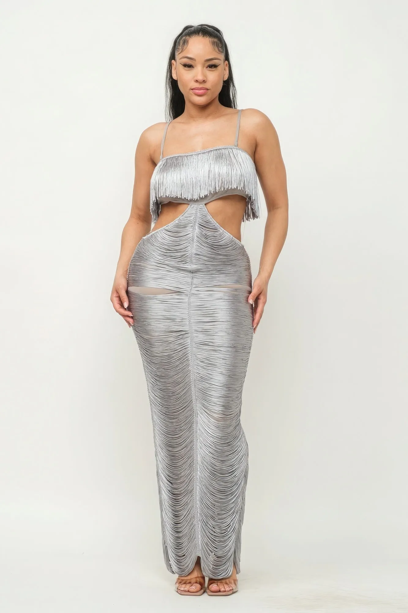 Sexy Waist Cutout Silver Metallic Fringe Maxi Dress Women's Fashion KESLEY