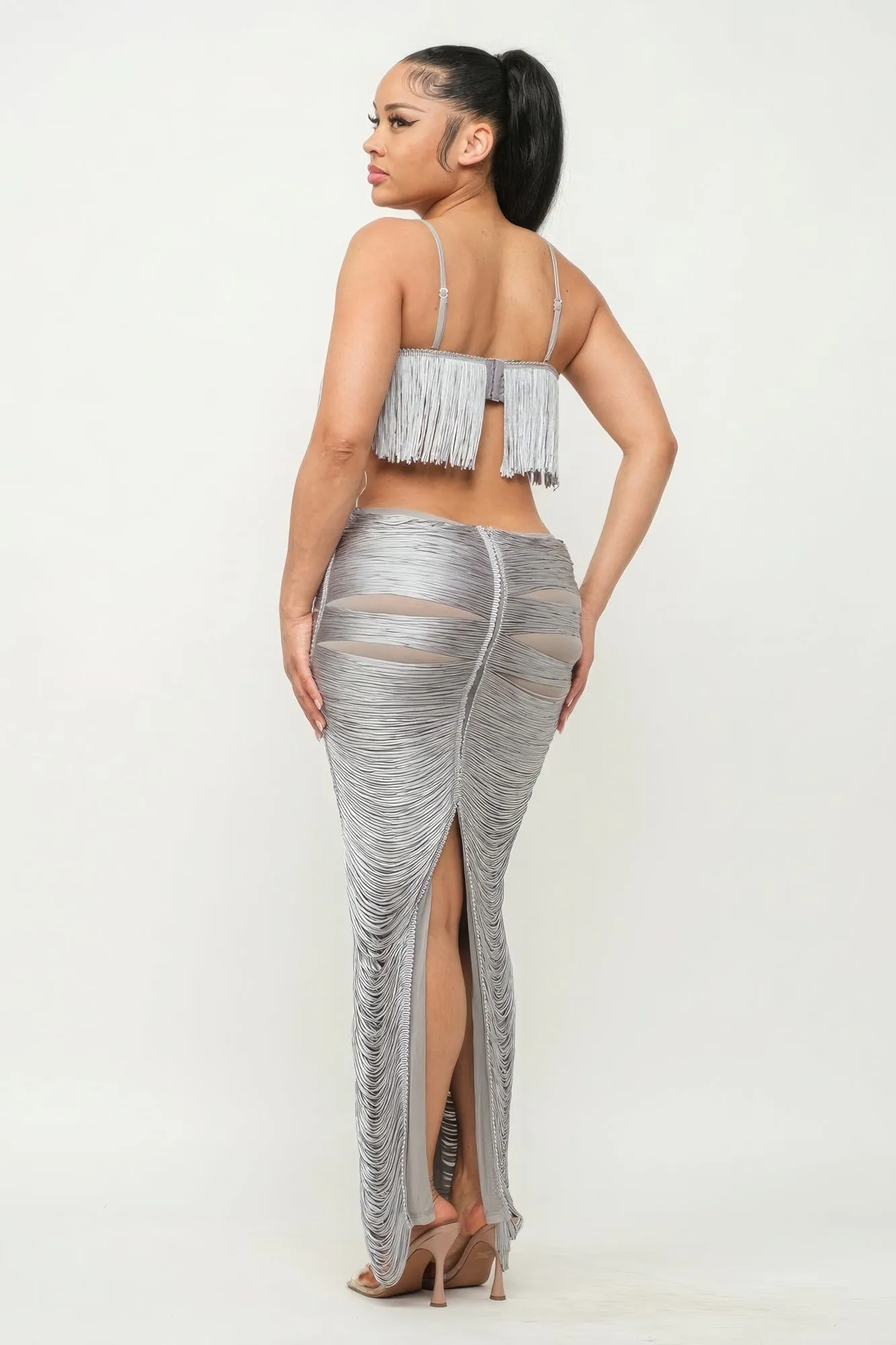 Sexy Waist Cutout Silver Metallic Fringe Maxi Dress Women's Fashion KESLEY