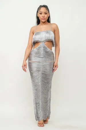 Sexy Waist Cutout Silver Metallic Fringe Maxi Dress Women's Fashion KESLEY