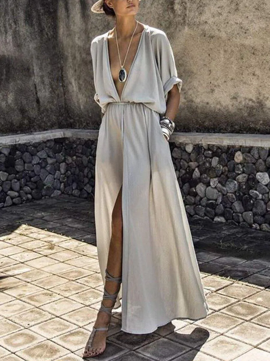 Simple Half Slleves Split Front Long Dresses