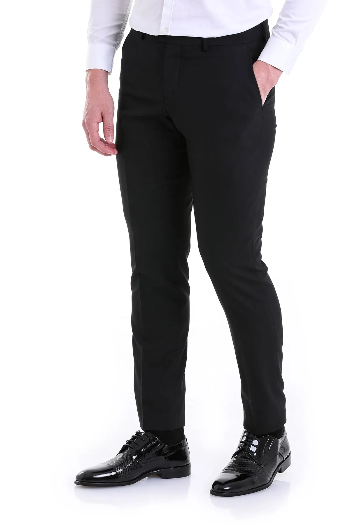 Slim Fit Black Side Pocket Low Waist Wool Dress Pants