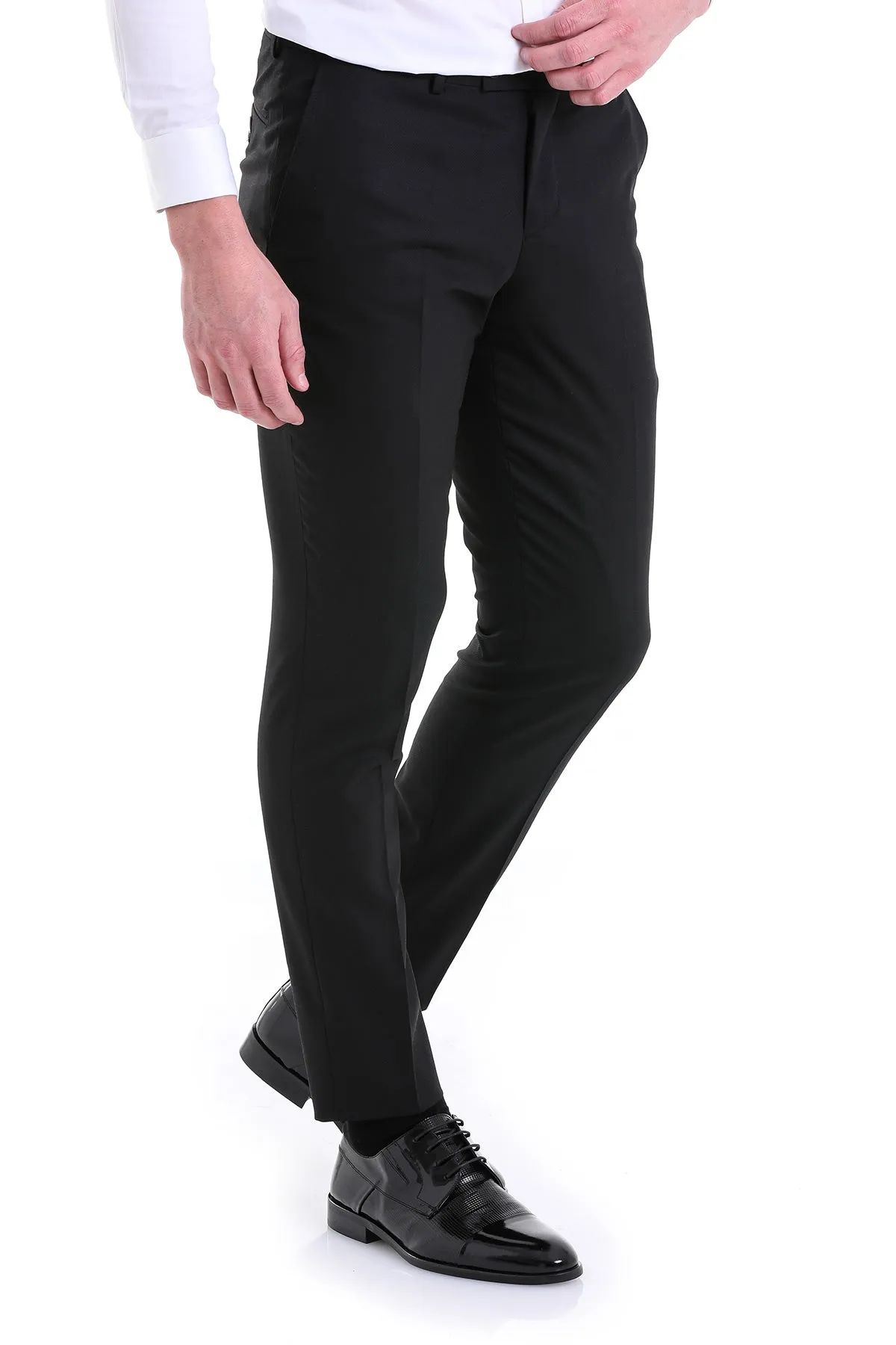 Slim Fit Black Side Pocket Low Waist Wool Dress Pants