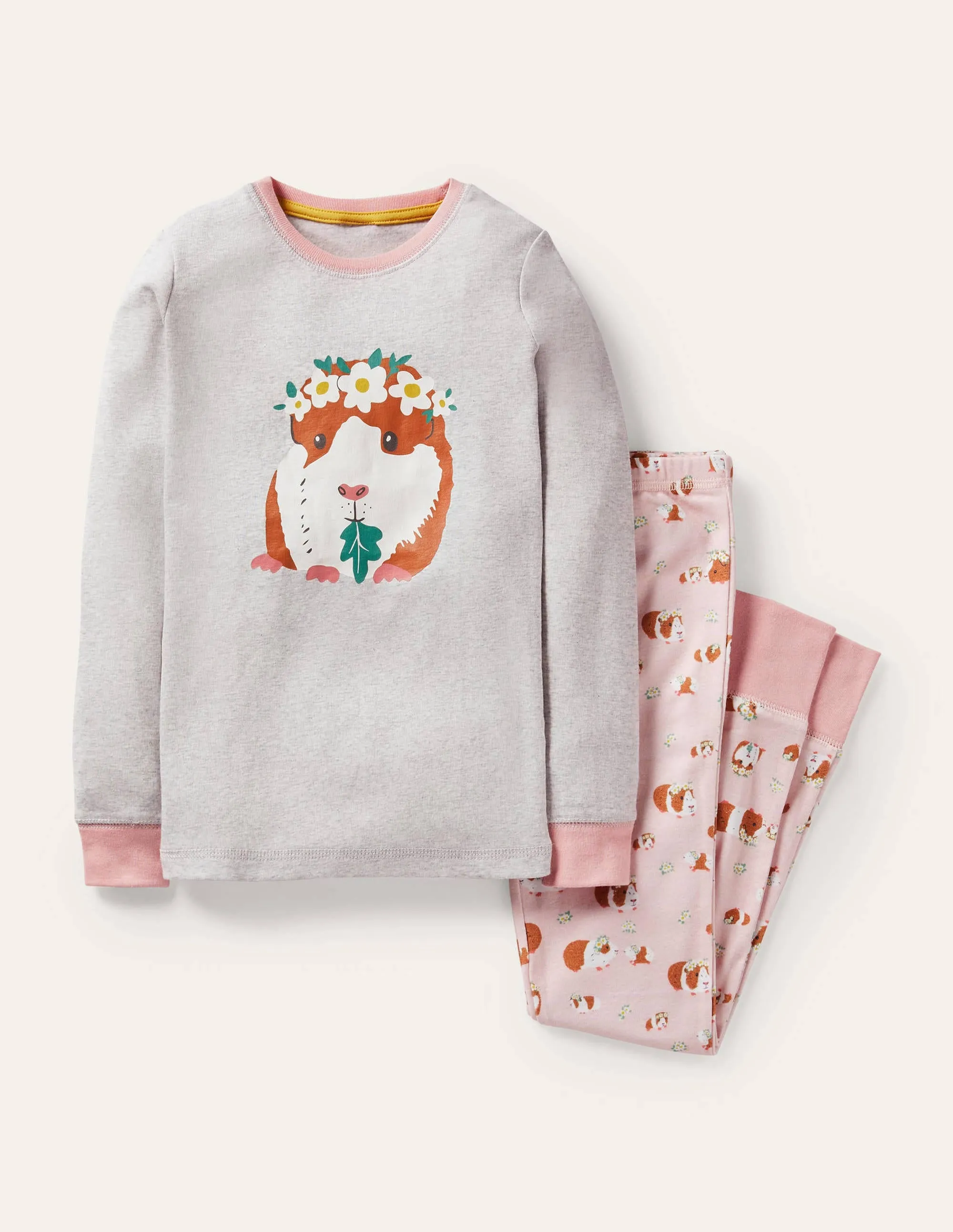 Snug Long John Pyjamas-Dusty Pink Guinea Pigs