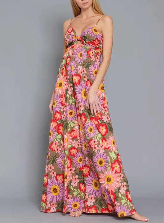 Sweet Blooms Pink And Brown Multi Floral Printed Maxi Dress With Open Back