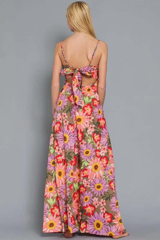 Sweet Blooms Pink And Brown Multi Floral Printed Maxi Dress With Open Back