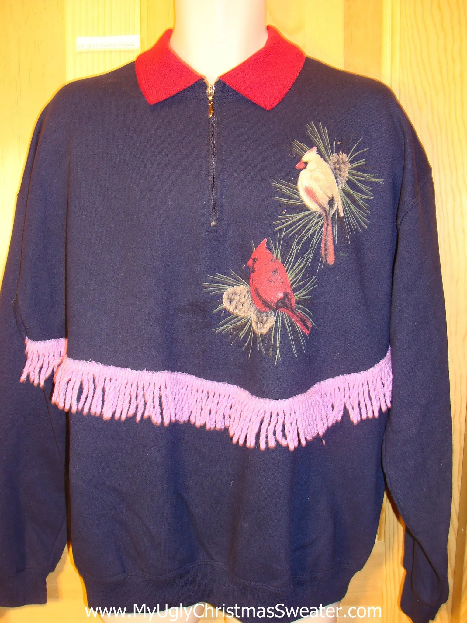 Tacky Christmas Sweatshirt Birds and Pink Fringe