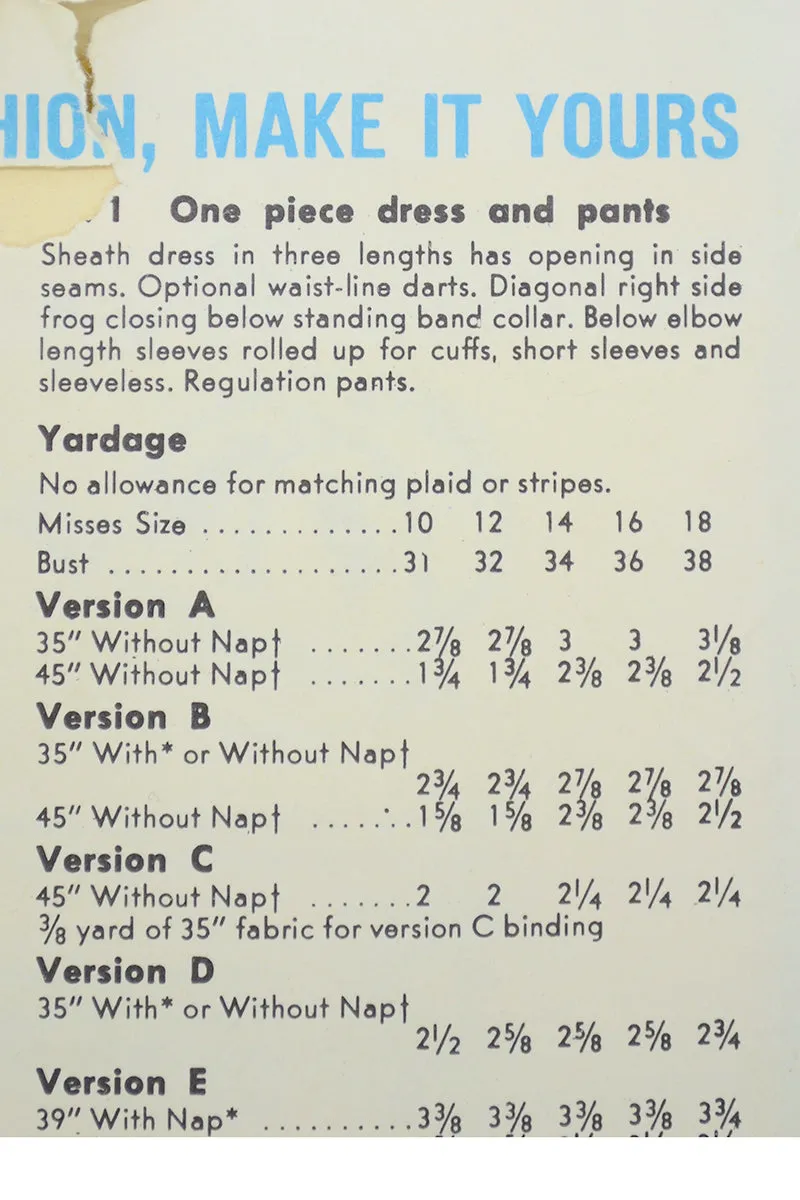 Vogue 5571 Vintage 1960s Dress Pants Sewing Pattern Uncut Factory Folded