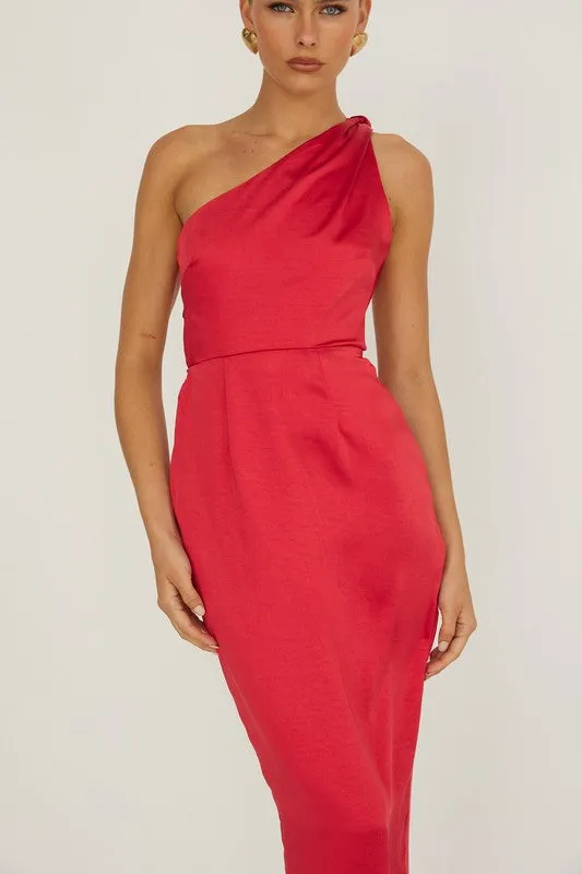 Waitlist 12/9 ♥ Isadora Sleeveless One Shoulder Satin Maxi Dress Red