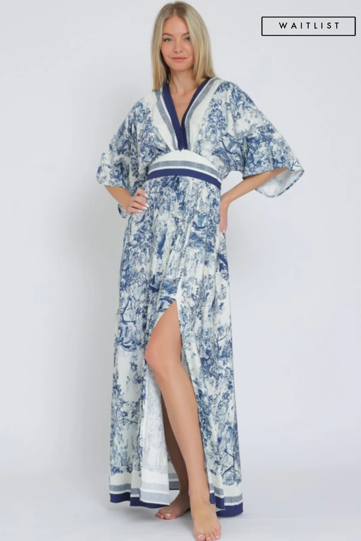 Waitlist 2/5 ♥ Rhiannon Kimono Sleeve Printed Maxi Dress Navy