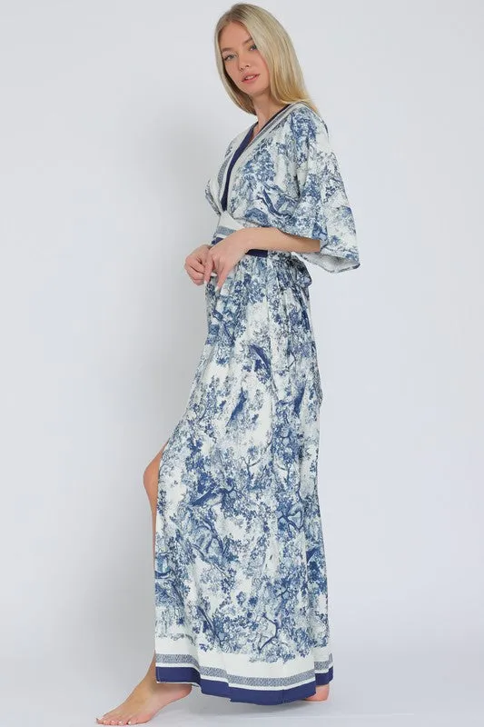 Waitlist 2/5 ♥ Rhiannon Kimono Sleeve Printed Maxi Dress Navy