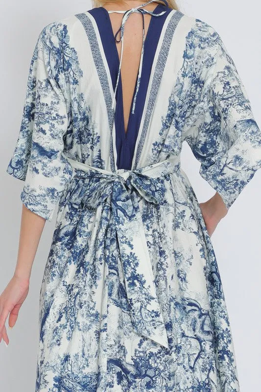 Waitlist 2/5 ♥ Rhiannon Kimono Sleeve Printed Maxi Dress Navy