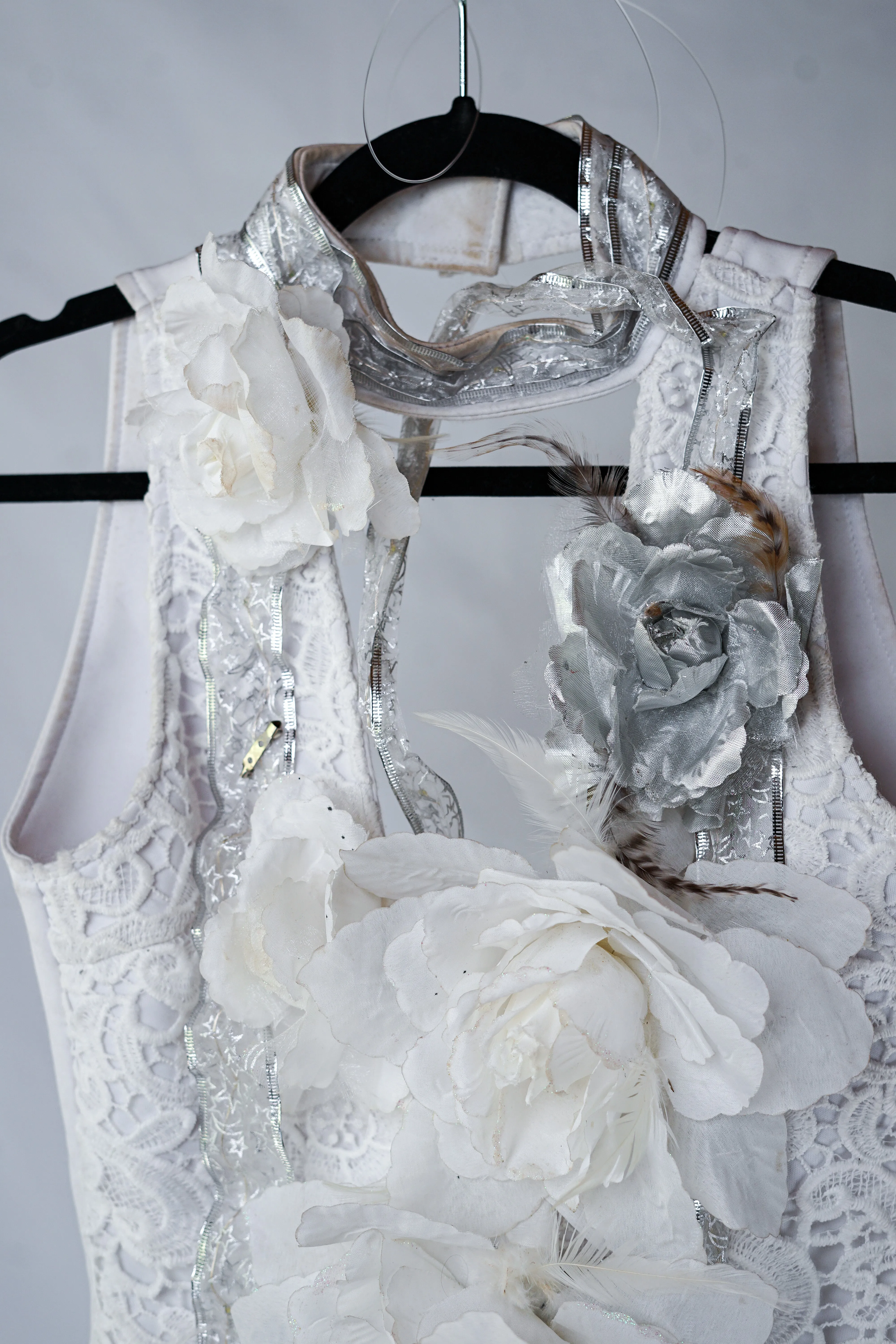 White and Silver Flower Adorned LED Turtleneck Halter Bodysuit with Crystals