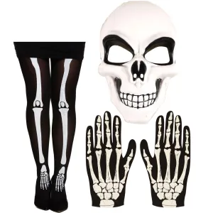 White Skeleton Mask Bone Print Tights Skeleton Gloves Halloween Adults Scary Horror Fancy Dress Costume