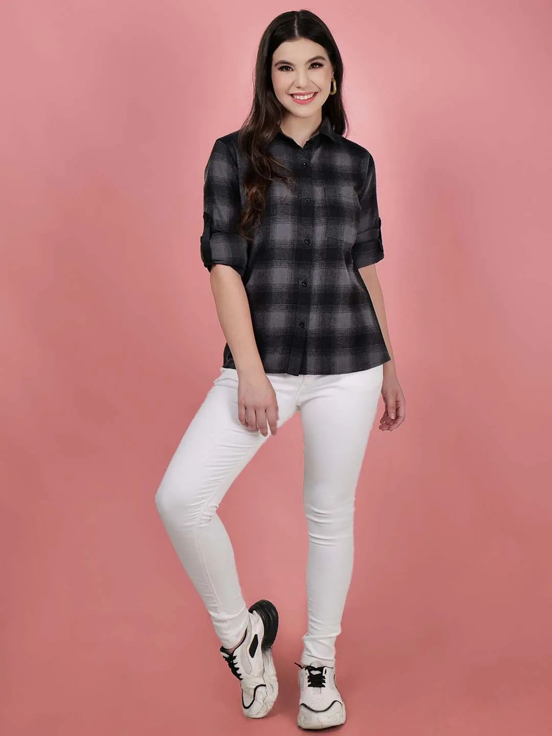 Women Black Check Cotton Shirt