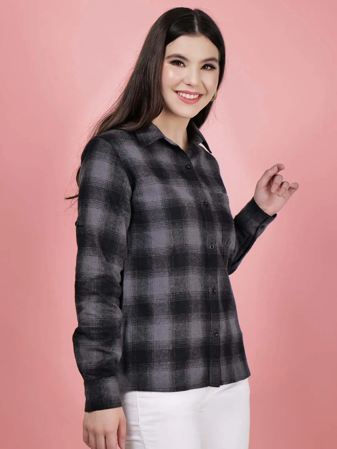 Women Black Check Cotton Shirt