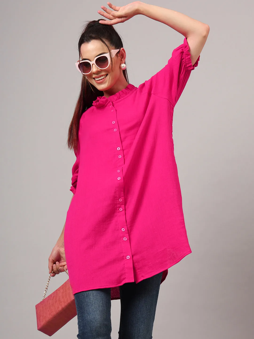 Women Classic Mandarin Collar Solid Cotton Relaxed Fit Casual Shirt