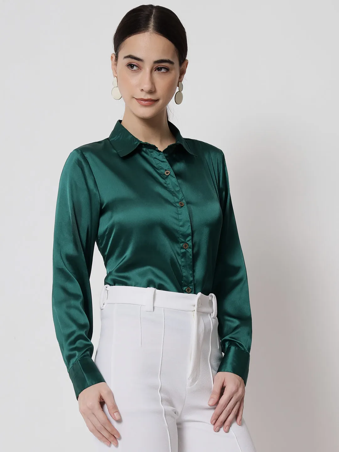 Women Green Satin Relaxed Formal Shirt