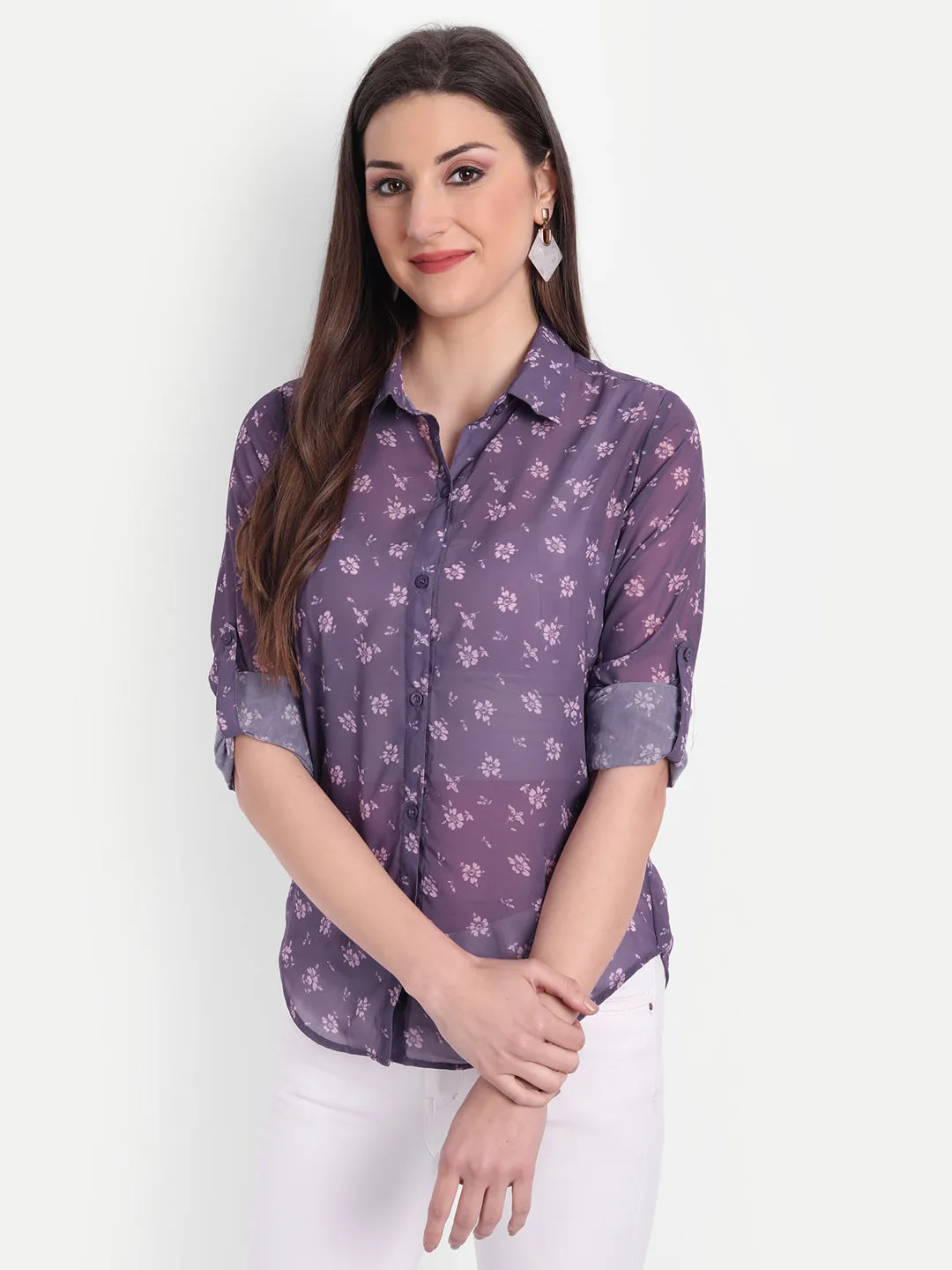 Women Purple Relaxed Semi Sheer Floral Printed Casual Shirt